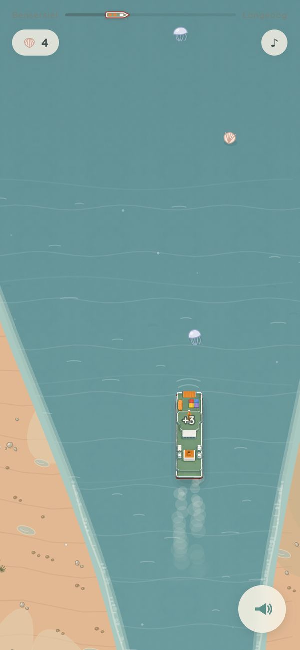 Die F&auml;hre im Fahrwasser, dar&uuml;ber leuchtet ein +5: gerade wurde eine Qualle eingesammelt. Rote und gr&uuml;ne Tonnen markieren den Weg.